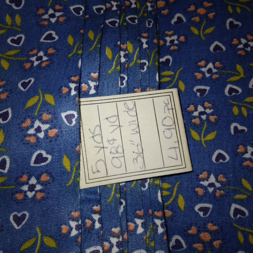 FABRIC Vintage Cotton sprigs & hearts on blue, 5 yards x 36 inches, 1974 - Picture 5 of 9